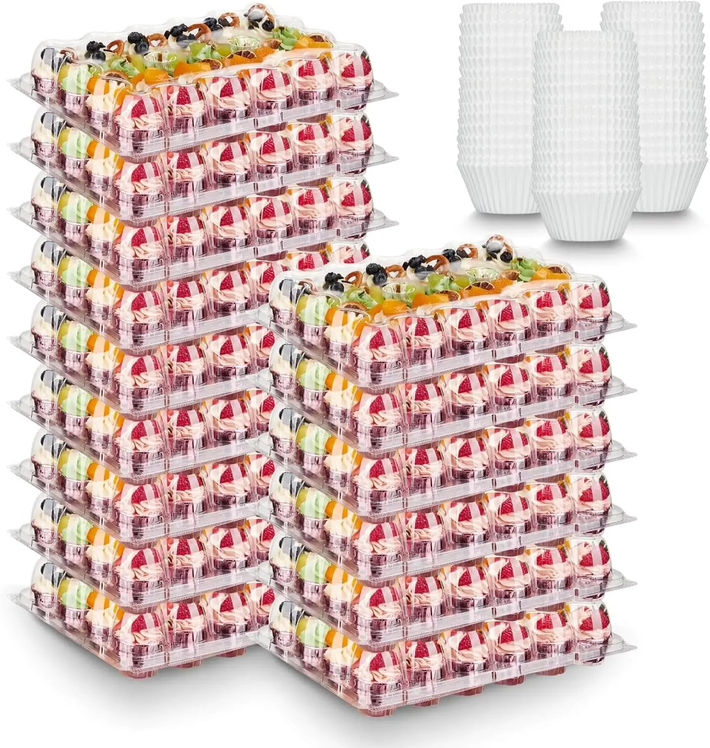 24 Pack x 15 Sets Mini Cupcake Containers with Liners - BPA-free stackable containers with high-dome lids for bakeries and parties