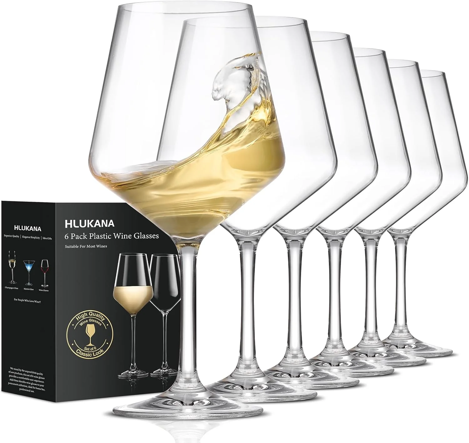 Hlukana Unbreakable Wine Glasses Set - 6-piece set of 16oz plastic wine glasses with elegant stems