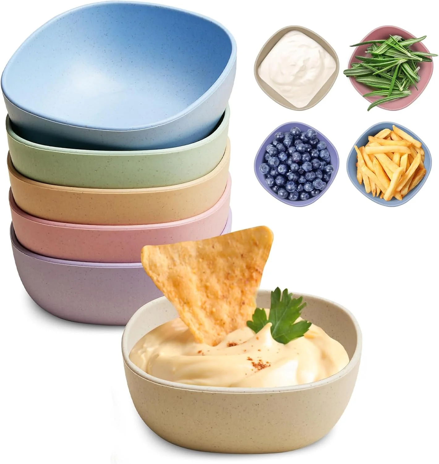 Collection of eco-friendly wheat straw bowls in pastel colors - light blue, green, orange, pink, purple, and beige - with various food items including yogurt, rosemary, blueberries, french fries, and cheese dip with tortilla chip