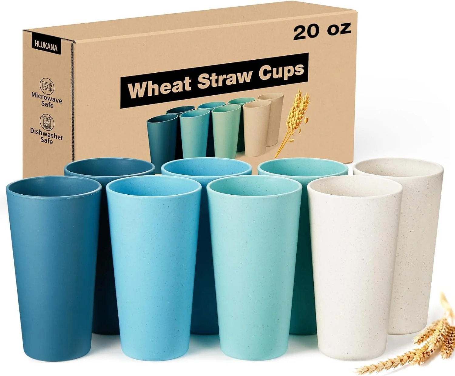Wheat Straw Cups Set of 8 - 20oz unbreakable drinking cups, chip resistant, BPA free, dishwasher and microwave safe