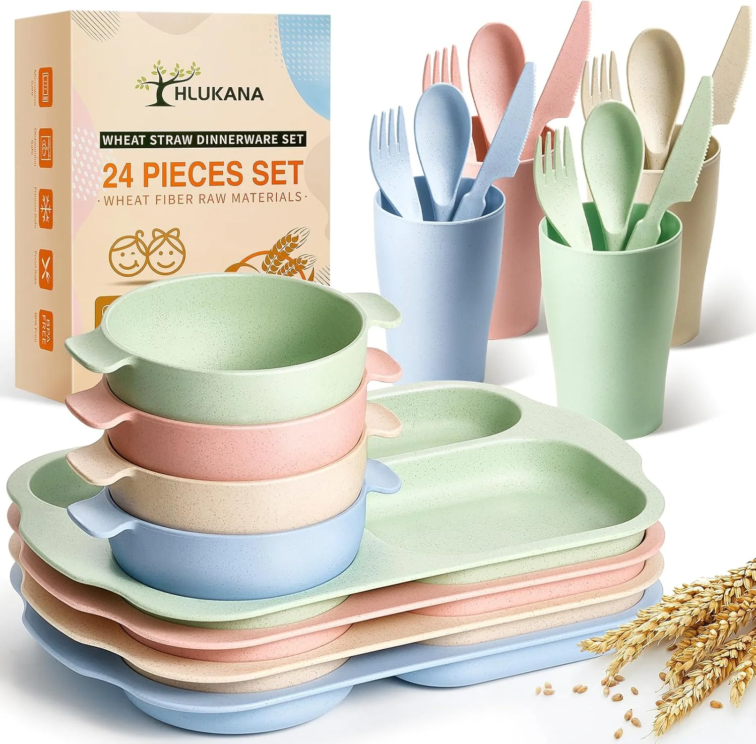 Wheat Straw Dinnerware Cutlery Set - 24-piece unbreakable tableware set with plates, bowls, cups and cutlery
